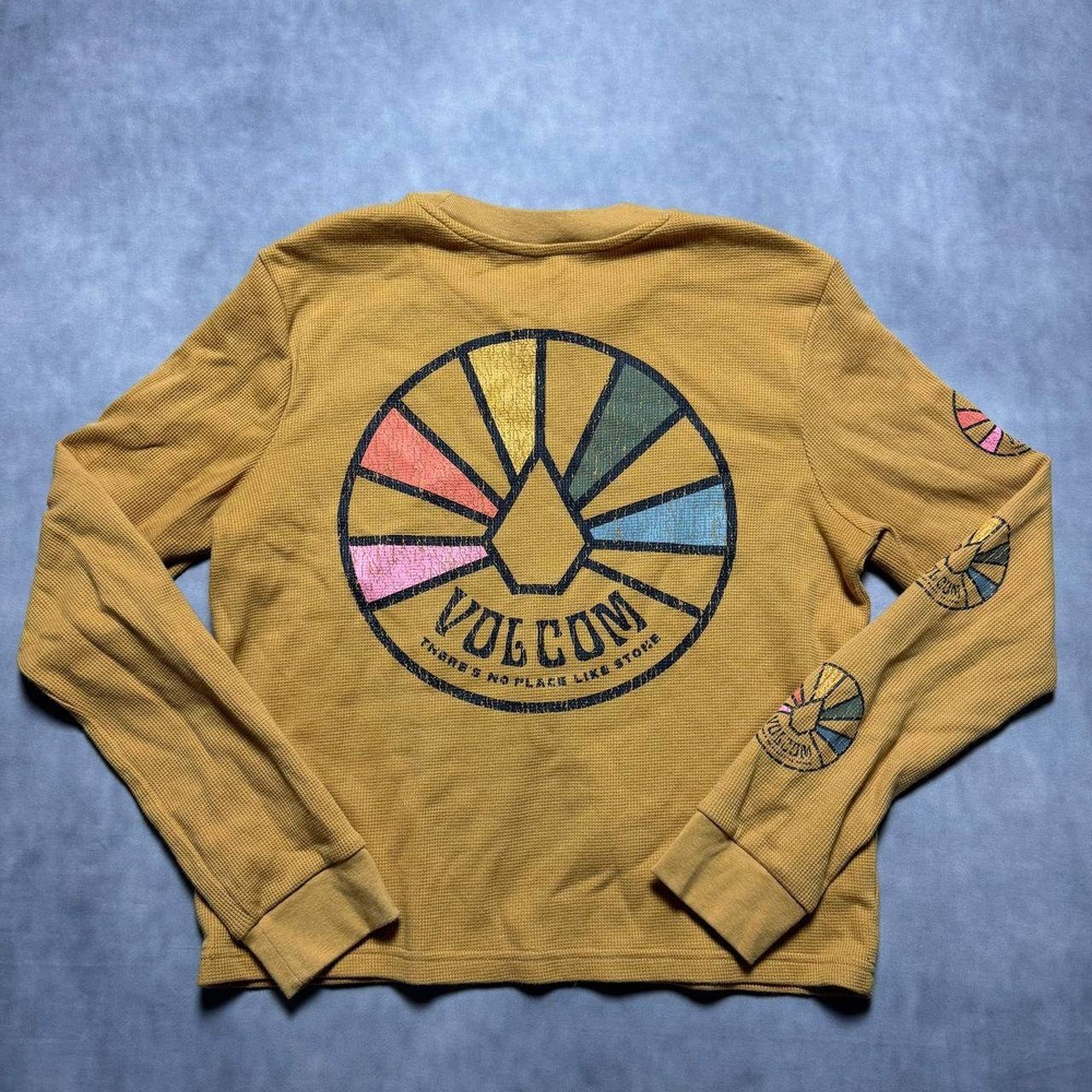 Volcom Thermal Shirt Kids Medium Mustard Yellow Excellent Waffle Knit Graphic